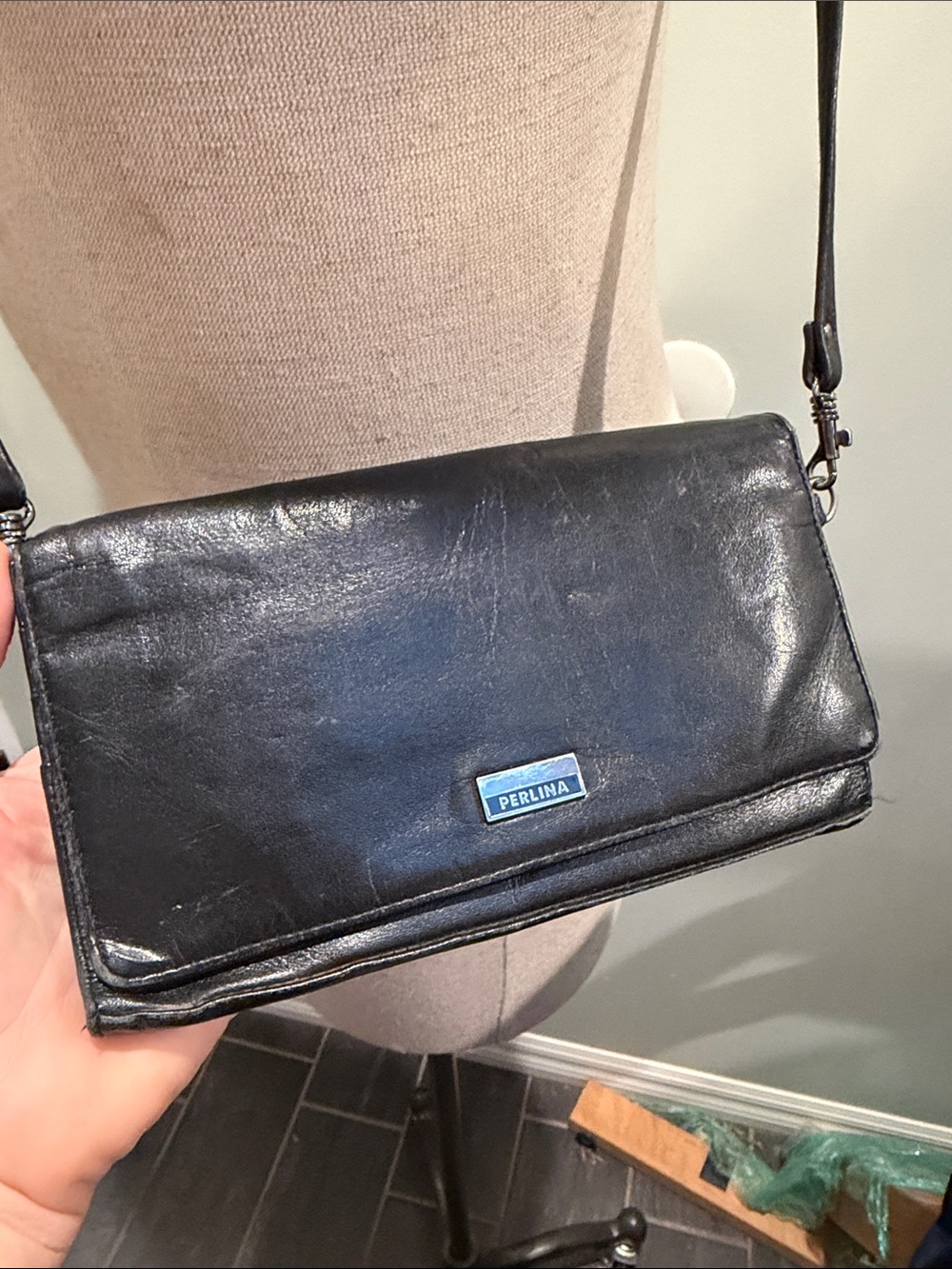 Perlina Black Leather Crossbody Bag with Metal Logo Plaque - Picture 8 of 15